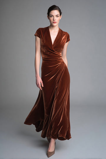 Velvet Caramel V-Neck Sheath Formal Dress